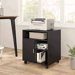 FITUEYES Printer Stand with Storage Adjustable Shelves, Wood Mobile Cart with Door, Rolling File Cabinet on Wheels for Home Office, Black, PS406001WB