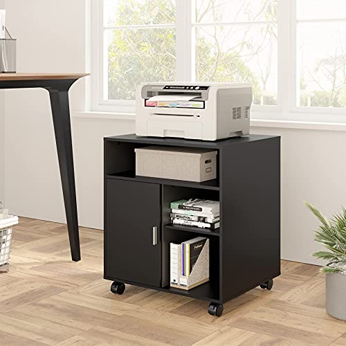 FITUEYES Printer Stand with Storage Adjustable Shelves, Wood Mobile Cart with Door, Rolling File Cabinet on Wheels for Home Office, Black, PS406001WB