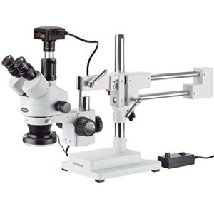 amscope 3.5x-90x simul-focal stereo zoom microscope on boom stand with 144-led ring light and 10mp usb3 camera