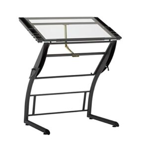 sd studio designs triflex drawing table, sit to stand up adjustable office home computer desk, 35.25" w x 23.5" d, charcoal black/clear glass