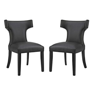 modway curve mid-century vegan leather upholstered dining set with nailhead trim in black, two chairs