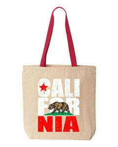 shop4ever california bear flag vintage cotton canvas tote reusable shopping bag 10 oz natural - red 1 pack colored handle