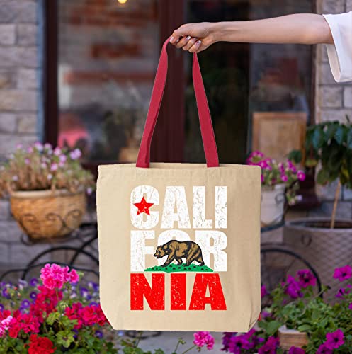 shop4ever California Bear Flag Vintage Cotton Canvas Tote Reusable Shopping Bag 10 oz Natural - Red 1 Pack Colored Handle