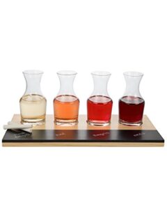 wine tasting flight sampler set - includes four 6 oz decanter glasses and wood paddle with chalkboard - great for spring winery tour taste testing, perfect housewarming, wedding, and mother's day gift