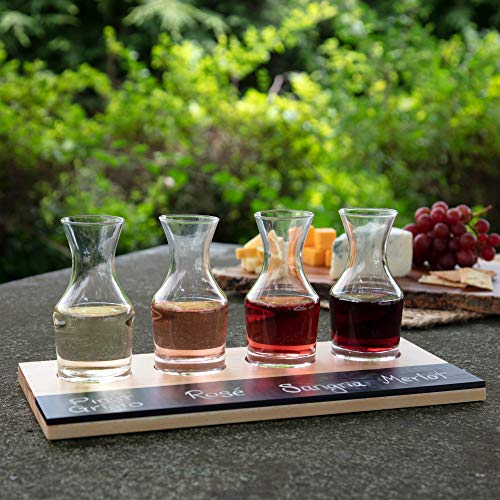 Wine Tasting Flight Sampler Set - Includes Four 6 oz Decanter Glasses and Wood Paddle with Chalkboard - Great for Spring Winery Tour Taste Testing, Perfect Housewarming, Wedding, and Mother's Day Gift