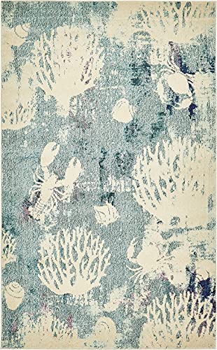 Unique Loom Positano Collection Coastal Modern Coral Lobster Shells Light Blue Area Rug (5' x 8')