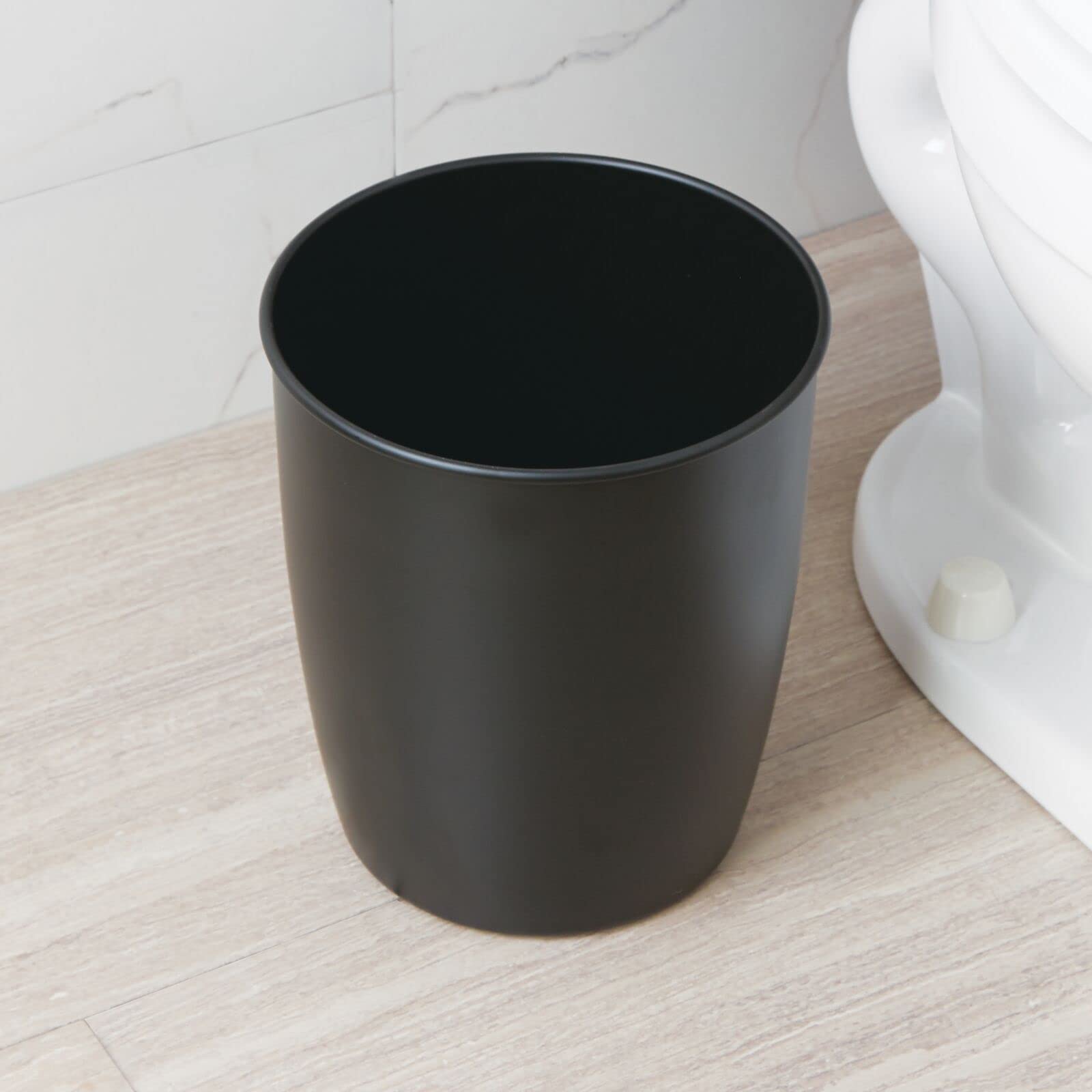 mDesign Small Steel Round Trash Can Bucket - 1.5 Gallon Wastebasket, Garbage Container Bin for Bathroom, Powder Room, Bedroom, Kitchen, Home Office - Malloy Collection - 2 Pack - Matte Black