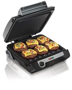 hamilton beach 4-in-1 indoor grill & electric griddle combo with bacon cooker, opens flat to double cooking surface, removable nonstick plates, black & silver (25601)