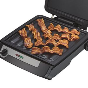 Hamilton Beach 4-in-1 Indoor Grill & Electric Griddle Combo with Bacon Cooker, Opens Flat to Double Cooking Surface, Removable Nonstick Plates, Black & Silver (25601)