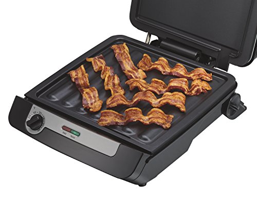 Hamilton Beach 4-in-1 Indoor Grill & Electric Griddle Combo with Bacon Cooker, Opens Flat to Double Cooking Surface, Removable Nonstick Plates, Black & Silver (25601)