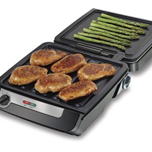 Hamilton Beach 4-in-1 Indoor Grill & Electric Griddle Combo with Bacon Cooker, Opens Flat to Double Cooking Surface, Removable Nonstick Plates, Black & Silver (25601)