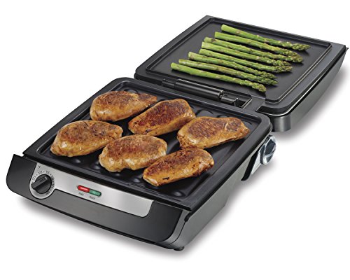 Hamilton Beach 4-in-1 Indoor Grill & Electric Griddle Combo with Bacon Cooker, Opens Flat to Double Cooking Surface, Removable Nonstick Plates, Black & Silver (25601)