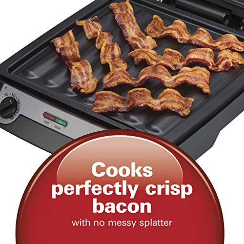 Hamilton Beach 4-in-1 Indoor Grill & Electric Griddle Combo with Bacon Cooker, Opens Flat to Double Cooking Surface, Removable Nonstick Plates, Black & Silver (25601)