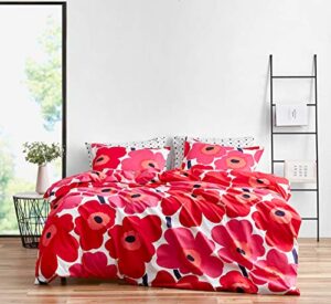 marimekko - queen comforter set, cotton bedding with matching shams, lightweight home decor for all seasons (unikko red, queen)