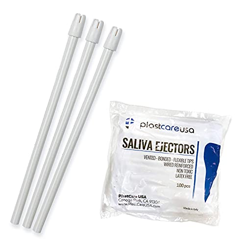 100 Dental Saliva Ejectors Disposable - Medical Grade Latex Free Evacuation Suction Tips - Flexible White Tube with White Tip (100 Pack) by PlastCare USA