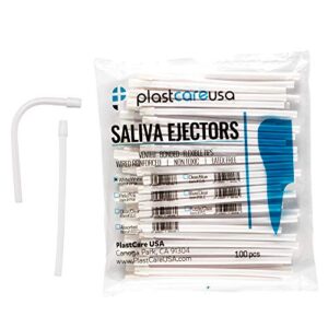 100 dental saliva ejectors disposable - medical grade latex free evacuation suction tips - flexible white tube with white tip (100 pack) by plastcare usa