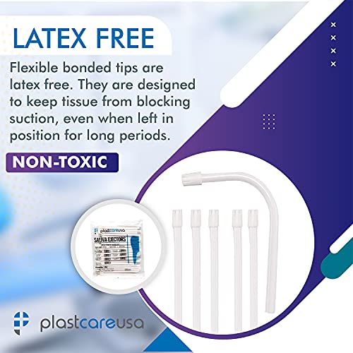 100 Dental Saliva Ejectors Disposable - Medical Grade Latex Free Evacuation Suction Tips - Flexible White Tube with White Tip (100 Pack) by PlastCare USA