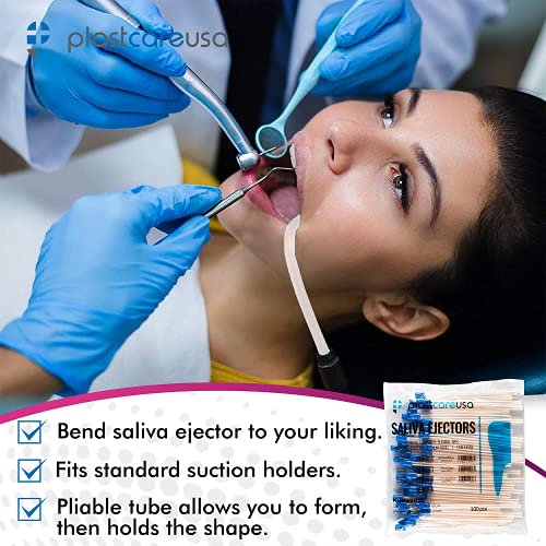 100 Dental Saliva Ejectors Disposable - Medical Grade Latex Free Evacuation Suction Tips - Flexible Clear Tube with Blue Tip (100 Pack) by PlastCare USA