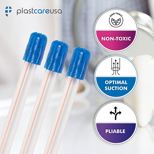 100 Dental Saliva Ejectors Disposable - Medical Grade Latex Free Evacuation Suction Tips - Flexible Clear Tube with Blue Tip (100 Pack) by PlastCare USA