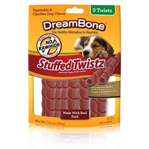 dreambone stuffed twistz, rawhide free dog chew sticks made with real pork and vegetables, 10 count