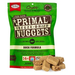 primal freeze dried cat food nuggets duck, complete & balanced scoop & serve healthy grain free raw cat food, crafted in the usa (14 oz)
