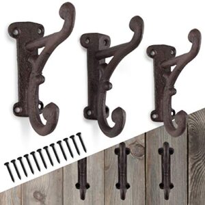 rustic cast iron coat hooks (3 pack) wall mounted farmhouse decorative wall hooks, vintage hooks for hanging coats, bags, hats, towels (rustic dark brown patina, includes hardware)