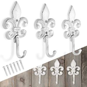 decorative hooks shabby chic decor (3 pack) wall mounted farmhouse decor wall hooks, vintage cast iron hooks for coats, bags, hats, towels - with mounting hardware (simple fleur de lis antique white)