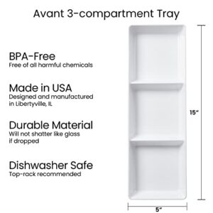 US Acrylic Avant White Plastic Divided Serving Trays (Set of 4) 15” x 5” | Narrow Reusable 3-Section Party Platters | Serve Appetizers, Fruit, Veggies, & Desserts | BPA-Free & Made in USA