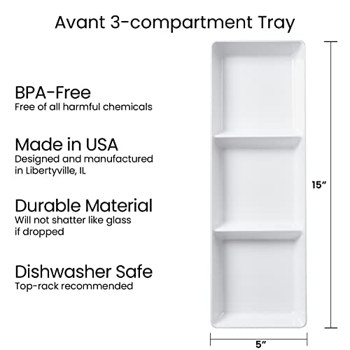 US Acrylic Avant White Plastic Divided Serving Trays (Set of 4) 15” x 5” | Narrow Reusable 3-Section Party Platters | Serve Appetizers, Fruit, Veggies, & Desserts | BPA-Free & Made in USA