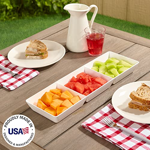 US Acrylic Avant White Plastic Divided Serving Trays (Set of 4) 15” x 5” | Narrow Reusable 3-Section Party Platters | Serve Appetizers, Fruit, Veggies, & Desserts | BPA-Free & Made in USA