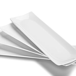 DOWAN 14" Sushi Plate Set of 4 - Long Rectangle Plates and Cracker Trays for Serving - White Ceramic Platters for Party and Entertaining - Dishwasher & Oven Safe