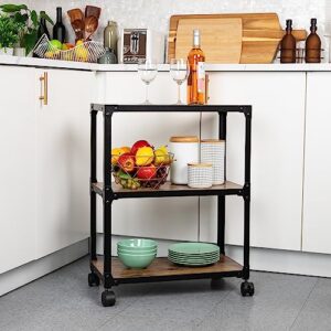 MIND READER Rolling Bar Cart [3 Tier] Kitchen Microwave Cart Island On Wheels, Coffee Station (Wood/Metal, Black/Brown)