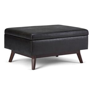 simplihome owen 34 inch wide mid century modern rectangle coffee table lift top storage ottoman in upholstered distressed black faux leather, for the living room