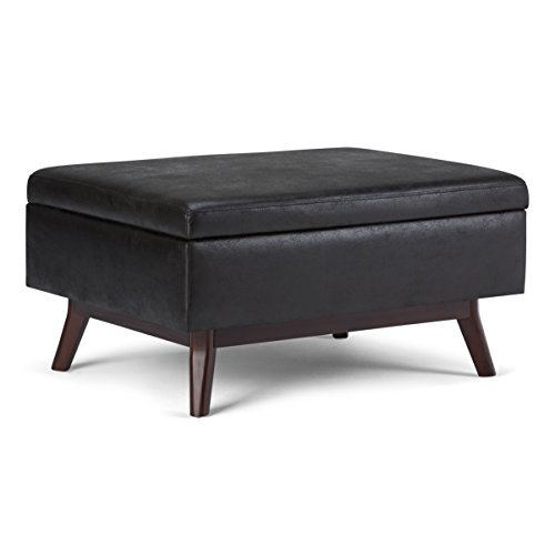 SIMPLIHOME Owen 34 Inch Wide Mid Century Modern Rectangle Coffee Table Lift Top Storage Ottoman in Upholstered Distressed Black Faux Leather, For the Living Room