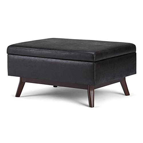 SIMPLIHOME Owen 34 Inch Wide Mid Century Modern Rectangle Coffee Table Lift Top Storage Ottoman in Upholstered Distressed Black Faux Leather, For the Living Room