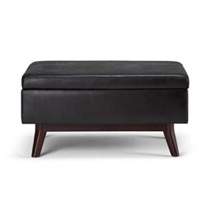 SIMPLIHOME Owen 34 Inch Wide Mid Century Modern Rectangle Coffee Table Lift Top Storage Ottoman in Upholstered Distressed Black Faux Leather, For the Living Room