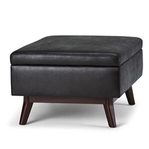 SIMPLIHOME Owen 34 Inch Wide Mid Century Modern Rectangle Coffee Table Lift Top Storage Ottoman in Upholstered Distressed Black Faux Leather, For the Living Room