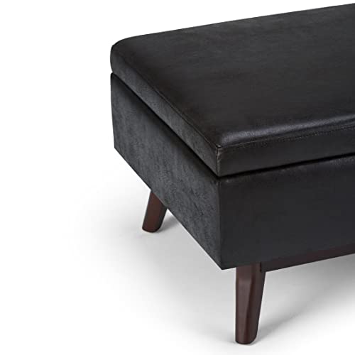 SIMPLIHOME Owen 34 Inch Wide Mid Century Modern Rectangle Coffee Table Lift Top Storage Ottoman in Upholstered Distressed Black Faux Leather, For the Living Room