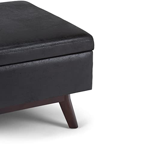 SIMPLIHOME Owen 34 Inch Wide Mid Century Modern Rectangle Coffee Table Lift Top Storage Ottoman in Upholstered Distressed Black Faux Leather, For the Living Room