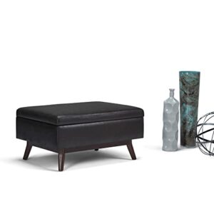 SIMPLIHOME Owen 34 Inch Wide Mid Century Modern Rectangle Coffee Table Lift Top Storage Ottoman in Upholstered Distressed Black Faux Leather, For the Living Room