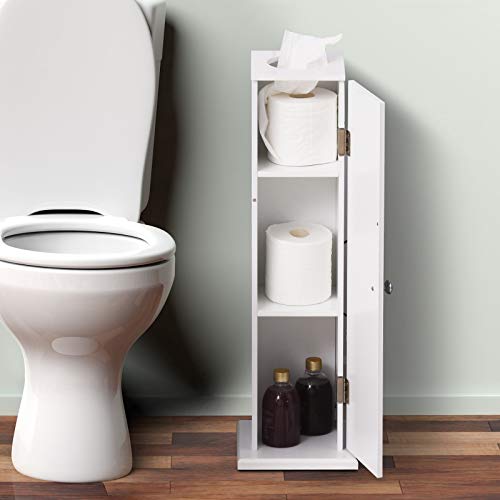 HOMCOM Toilet Paper Cabinet, Small Bathroom Corner Floor Cabinet with Doors and Shelves, Thin Storage Bathroom Organizer for Paper Shampoo, White