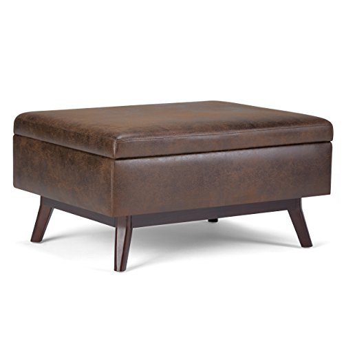 SIMPLIHOME Owen 34 Inch Wide Mid Century Modern Rectangle Coffee Table Lift Top Storage Ottoman in Upholstered Distressed Chestnut Brown Faux Leather, For the Living Room