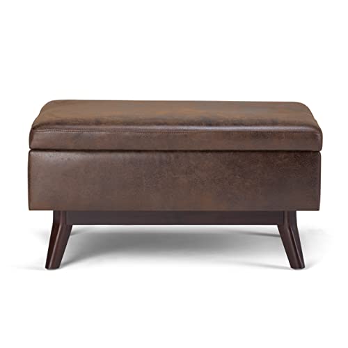 SIMPLIHOME Owen 34 Inch Wide Mid Century Modern Rectangle Coffee Table Lift Top Storage Ottoman in Upholstered Distressed Chestnut Brown Faux Leather, For the Living Room