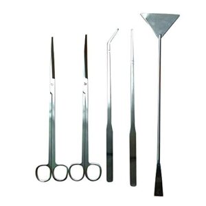 sungrow aquarium, hermit crab & gecko tank tool kit, includes straight & curved scissors, substrate spatula, straight & bent tweezers, stainless steel, 5 pcs per pack