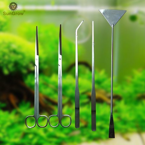 SunGrow Aquarium, Hermit Crab & Gecko Tank Tool Kit, Includes Straight & Curved Scissors, Substrate Spatula, Straight & Bent Tweezers, Stainless Steel, 5 Pcs per Pack