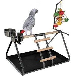 parrot bird perch table top stand metal wood 2 steel cups play for medium and large breeds 17.5" x 12.5" x 11"