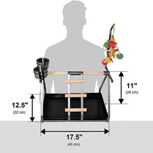 Parrot Bird Perch Table Top Stand Metal Wood 2 Steel Cups Play for Medium and Large Breeds 17.5" x 12.5" x 11"