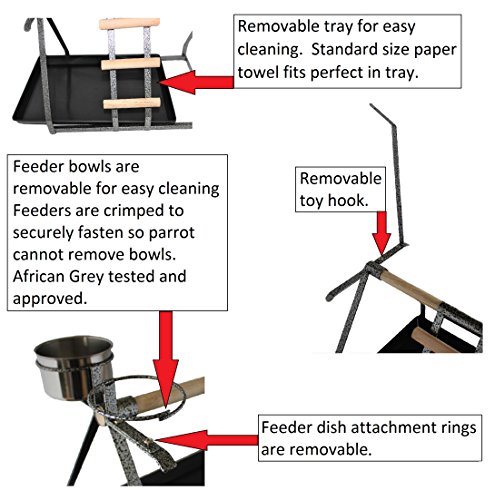 Parrot Bird Perch Table Top Stand Metal Wood 2 Steel Cups Play for Medium and Large Breeds 17.5" x 12.5" x 11"