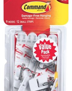 Command General Purpose Wire Hooks Multi-Pack, Small, Metal, White, 0.5 lb Capacity, 9 Hooks and 12 Strips/Pack