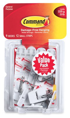 Command General Purpose Wire Hooks Multi-Pack, Small, Metal, White, 0.5 lb Capacity, 9 Hooks and 12 Strips/Pack